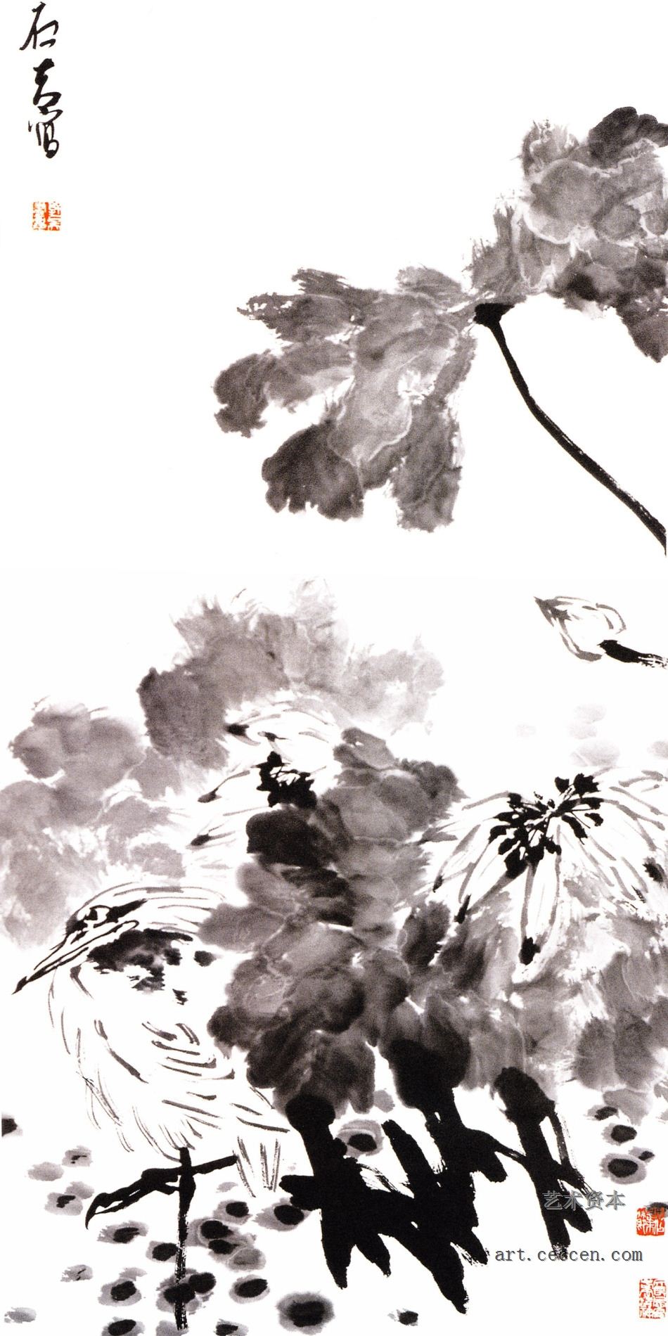 荷香栖鹭图 138x69cm 纸本墨笔 2003年 郭石夫